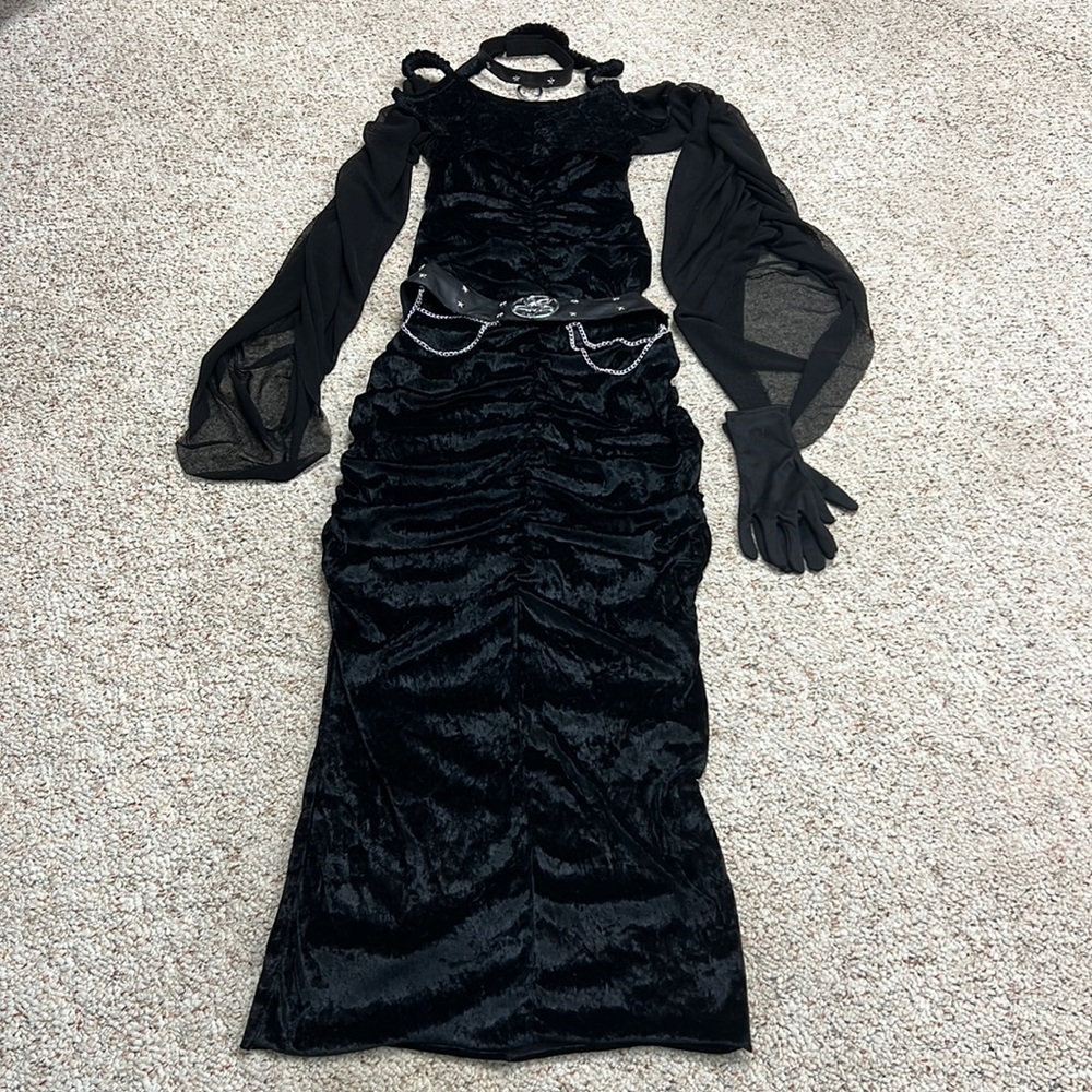 Black Velvet Ruched Evening Dress with Sheer Sleeves